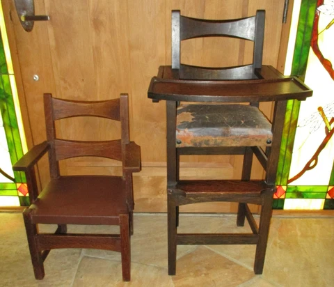 Rare Antique Limbert Mission Arts & Crafts Oak High Chair & Childs Chair Cover
