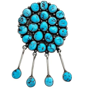Navajo Handmade, Cluster Pin, Kingman Turquoise, Circa 1990s, BJ, 4 1/8" - Picture 1 of 3