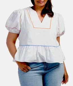 NWT English Factory Women Plus Sz 3X White Short Puff Sleeve Top Piping Detail - Picture 1 of 17