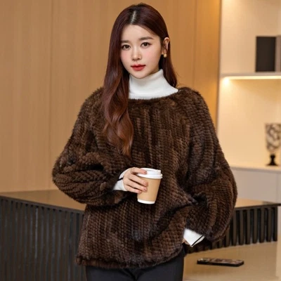 Abrigo chaqueta 100 % real de piel de visón tejido para mujer cálido de moda pulóver de piel hecho a mano Foto 1 de 4