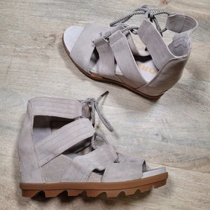 SOREL Joanie II Wedge Lace Up Sandals in beautiful Taupe Size US 8 EU 39 - Picture 1 of 11