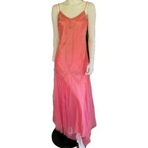 VTG Y2K 90s Beaded Mesh Midi Dress 7/8 Coral Pink Art Deco Flowy Feminine Fairy - Picture 1 of 23