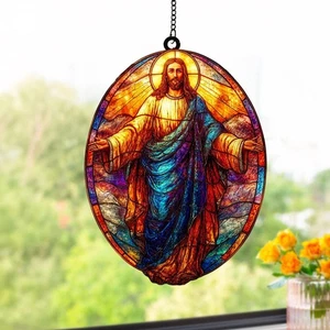Glasmalerei Jesus Sonnenfänger oval hängend christlich Fensterdekoration - Bild 1 von 7