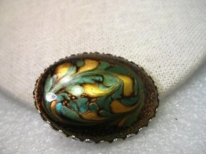 Vintage Swirled Art Glass in Sage, Gold, Chocolate Art Glass Oval Brooch, Bezel - Picture 1 of 5