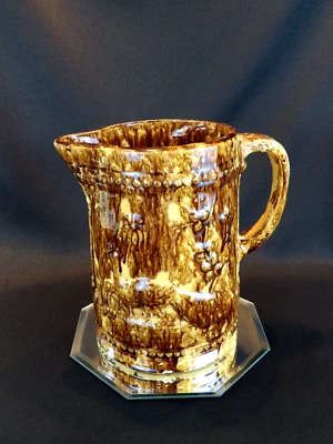 Antique Bennington Pottery Jug Pitcher 8.5" Rockingham Glaze Peacock Designs - Image 1 of 4