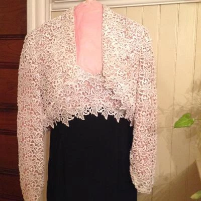 Rose Taft Black Silk Gown with Ivory Appliqué Bodice and Bolero Custom Fit - Image 1 of 4