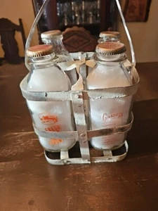 4 Vintage Collectable Quart Milk Bottles with Flat Metal Holder/Carrier - Picture 1 of 14