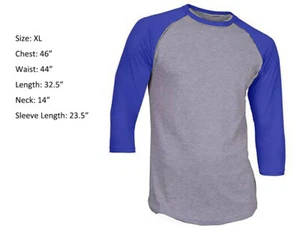 3/4 Sleeve Raglan Baseball Mens Plain Jersey Sports T-Shirt Gray Royal Blue XL - Picture 1 of 2