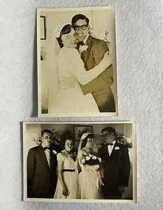 WEDDING FOUND PHOTOS Vintage 5x7 1950s Groom Glasses Smiling Names On Back - Picture 1 of 11