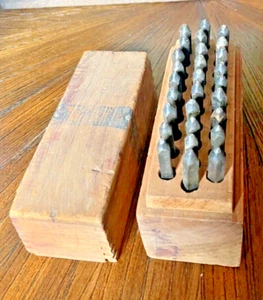 Vintage C H Hanson 1/16 Steel Die LETTER Punch Stamps Alphabet 28pc Wood Box-B19 - Picture 1 of 12