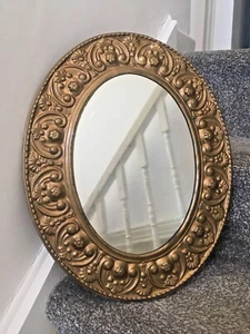 ANTIQUE VINTAGE DECORATIVE OVAL REPOUSSE REGENCY MIRROR SWAGS FLORAL ROSETTES - Picture 1 of 10