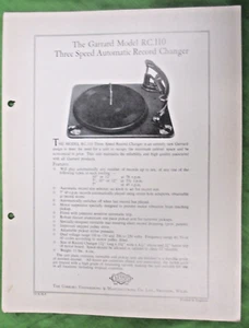 GARRARD MODEL RC 110 TURNTABLE ORIGINAL GARRARD SALES SHEET & INFO - Picture 1 of 2