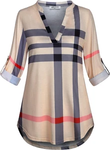 Sese Code Womens 3/4 Roll Sleeve Plaid Shirt Business Casual Blouses and Tops Dr - Picture 1 of 12