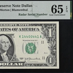 1977 $1 Federal Reserve Note PMG 65EPQ - Fancy Radar Serial Number 14400441 - Picture 1 of 3