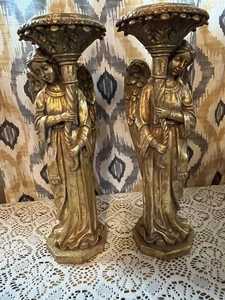 Raz Imports Vtg. Large Gold Angels Candle Holders 15"  Resin. Set Of 2 Mint Con - Picture 1 of 13