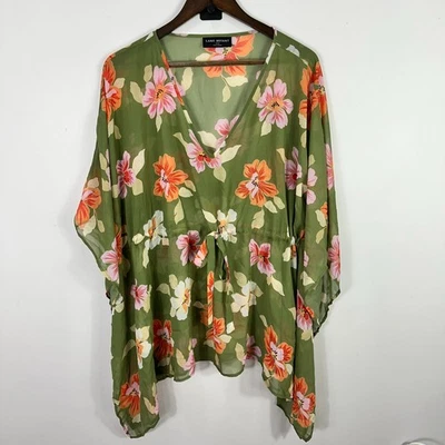 Lane Bryant 14/16 Green Floral Sheer Kimono Swim Cover Up Boho Resort Beach - Image 1 of 4
