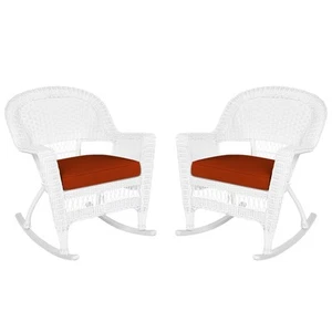 Rocker Wicker Chair with Red Cushion, Set of 2, White - Picture 1 of 8