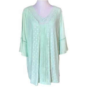 CJ BANKS Green V Neck 3/4 Flare Sleeves Sheer Overlay Lined Top Women’s Sz 1X - Picture 1 of 13