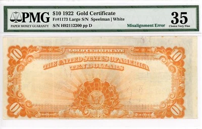 1922 Gold Certificate Large $10 note ERROR PMG 35 fr.1173 - Image 1 of 2