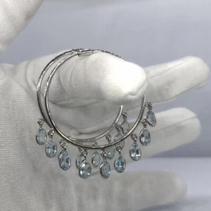 Blue Topaz Drops Hoop Earrings Big Earrings 925 Sterling Silver December Stone - Picture 1 of 7
