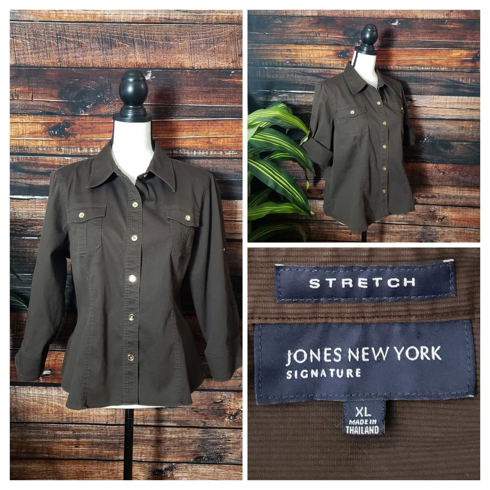 Jones New York Signature Blouse Size XL Ribbed Cotton Stretch Button Up Brown - Image 1 of 4