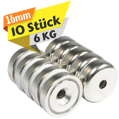 MVT-MAGNETE Neodym Magnete mit Loch Bohrung 16mm Magnetscheiben 6Kg Stark Senkung M3 Gewinde