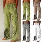 Mens Loose Hippy Long Pants Beach Scenery Printed Casual Trousers Cotton Linen