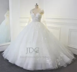 Prinzessin Spitze Brautkleid Hochzeitskleid Langarm Ivory Illusion Schnürt Ivory - Bild 1 von 5