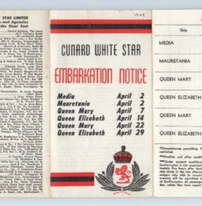 c.1948 Cunard White Star Embarkation Notice RMS Mauretania Queen Mary Elizabeth - Picture 1 of 7
