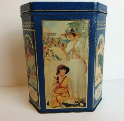 Coca Cola Metal Tin Hexagon Box w/lid Vintage Ladies Drinking Cola 1994 Blue - Image 1 of 4