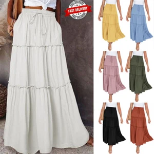 2024 Maxirock Glockenrock Stufen lang Vintage Boho Damen Falten Swing Rock - Bild 1 von 23