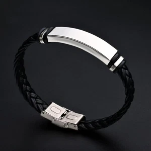 Herren Damen Jungen Edelstahl poliert ID schwarz PU Leder geflochten Armband 7,9" - Bild 1 von 5