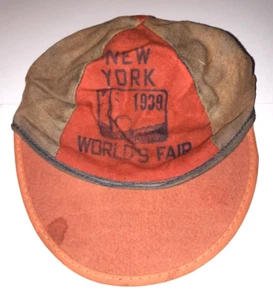 Vintage 1939 NY Worlds Fair cotton fabric BLUE /ORANGE CAP w FELT BILL - Picture 1 of 4