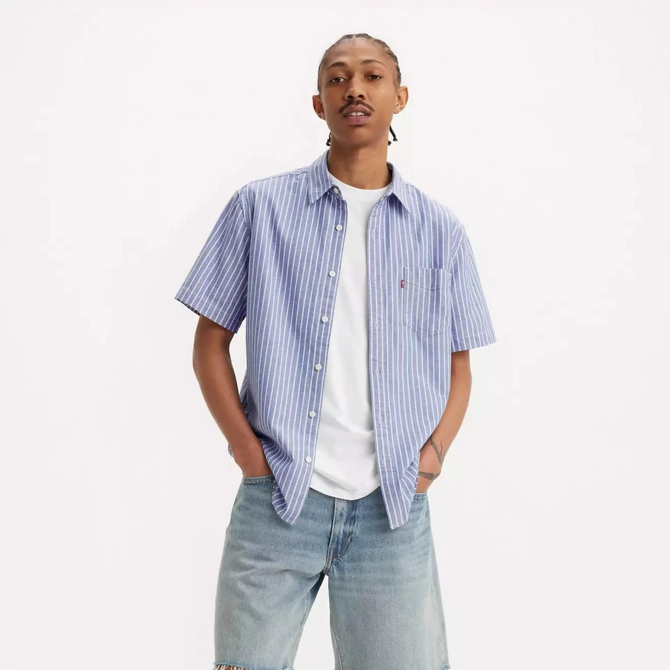 Levis Mens Blue Striped Button Up Shirt Short Sleeve Standard Fit Size XL