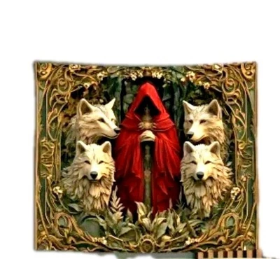 Figura encapuchada roja 3D y tapiz paquete de lobos - 3,3 x 2,5 pies, arte de pared único Foto 1 de 2