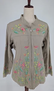 Quacker Factory Butterfly Embroidered Flower Jacket Women's XL Beige Zip A68107 - Picture 1 of 18