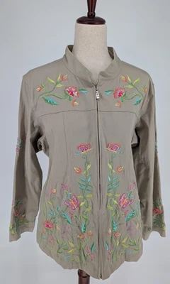 Quacker Factory Butterfly Embroidered Flower Jacket Women's XL Beige Zip A68107 - Image 1 of 4