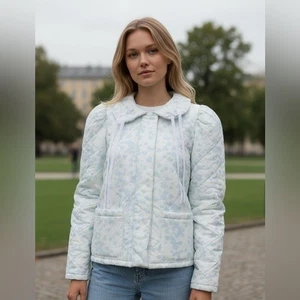 NWT Selkie Printed Nylon Puff Coat White Blue Floral Size L - Picture 1 of 5