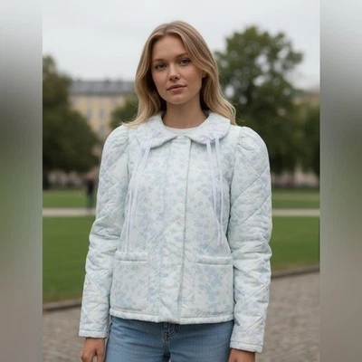 NWT Selkie Printed Nylon Puff Coat White Blue Floral Size L - Image 1 of 4