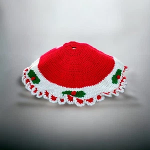 Crocheted Christmas Tree Skirt Red White Green Holly Ivy Scalloped Ruffled - Picture 1 of 8