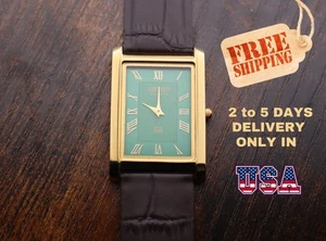 vintage Seiko Quartz Slim Tank Men Green Dial Dark Brown leather Dress Watch - Picture 1 of 5