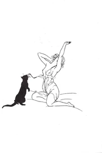 Cat Clip Art, Black Cat Undressing Woman c1970 Pen and Ink, No Artist Name - Picture 1 of 1