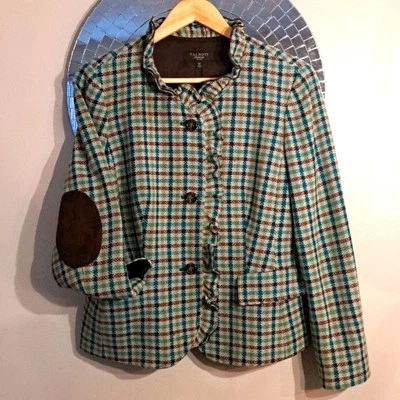 Chaqueta Blazer Talbots Lana Bordada a Cuadros Volantes con Parche de Gamuza en el Codo  Foto 1 de 4