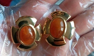 Vintage Givenchy Ohrringe Bernstein Butterscotch Swirl Cabochon goldfarben Clip - Bild 1 von 8