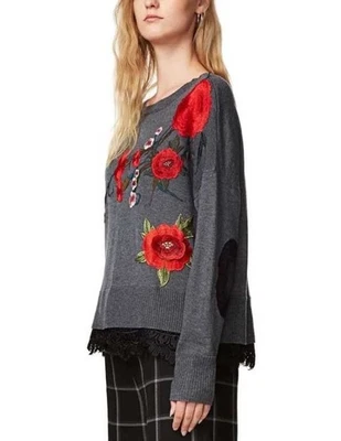 DESIGUAL Rosalia knit jumper sweater sz L / floral applique elbow patches - Image 1 of 4
