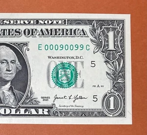 E 00090099 C : BINARY $1 One Dollar Bill Fancy Serial Number 2021 Series *UNC* - Picture 1 of 3