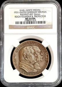 1931 WEIMAR REPUBLIC FOUNDER AND PROTECTOR REICH MEDAL NGC MS 64 BN BY K. GOETZ - Picture 1 of 2