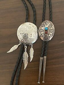 Vintage Bolo Tie Lot of 2 Silver Turquoise Southwestern