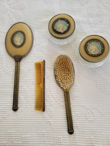 Antique Vanity Dressing Table Set Hand Mirror, Brush, Comb, 2 Powder Jars - Picture 1 of 6