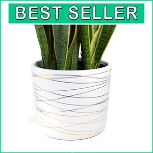 Modern 12-Inch Gold Striped Ceramic Pot with Drainage Hole – Breathable Design - Picture 1 of 8